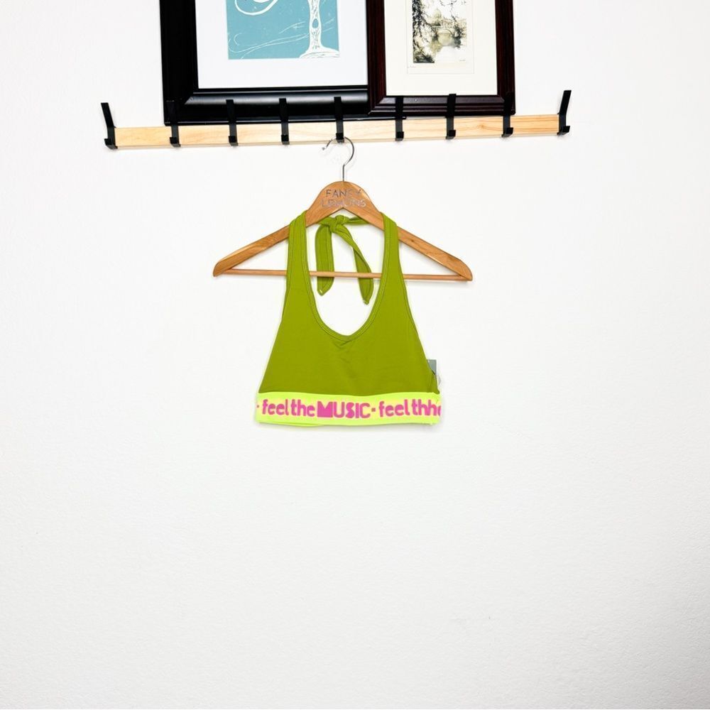 Zumba NWT! Feel It Halter Bar Sports Bra Soldier Green Neon Band Dance Fitness